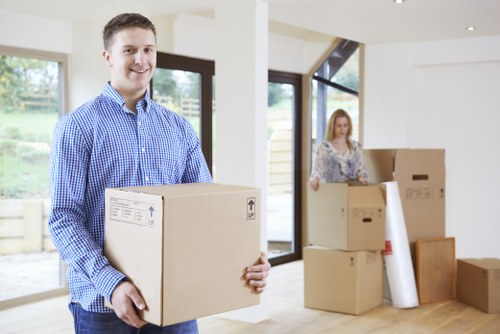 Packed boxes and furniture prepared for removals in Stratford